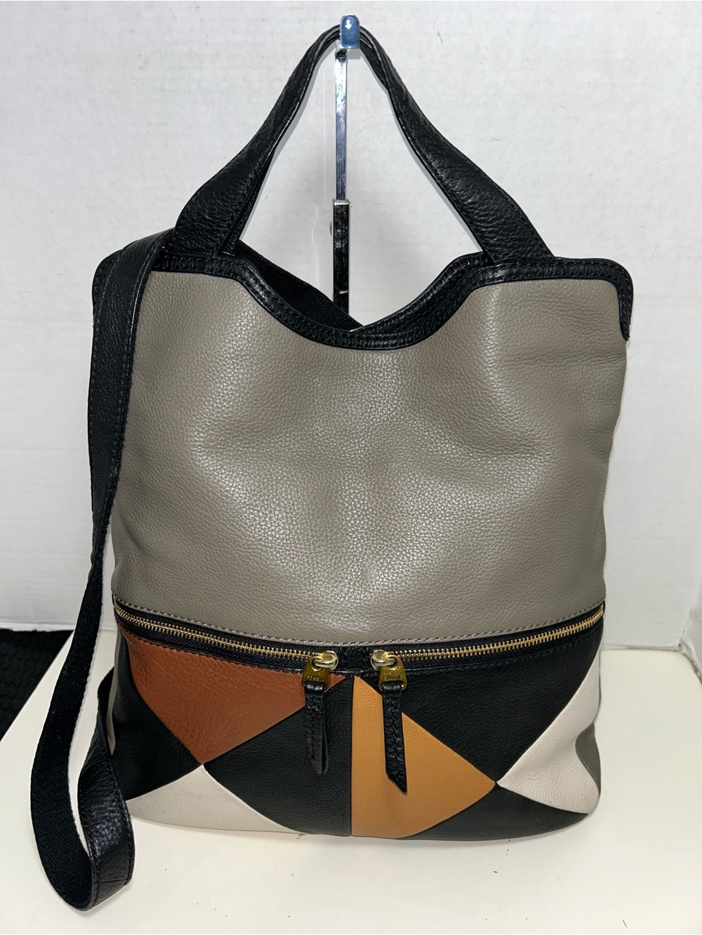 Fossil Erin Patchwork Fold Over Pebbled Leather Top Handle Satchel Crossbody